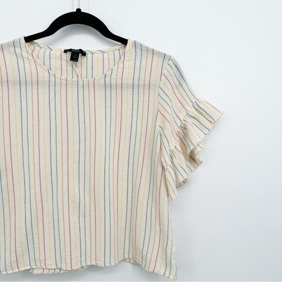 Drew Cream Rainbow Stripe Ruffle Sleeve Crop Top - Picture 1 of 7